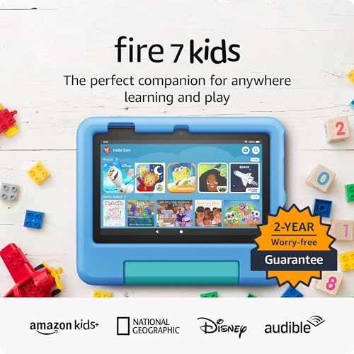 Amazon Fire 7 Kids tablet, ages 3-7 | Encourage curiosity with a tablet designed for growing young minds. 32 GB, Blue