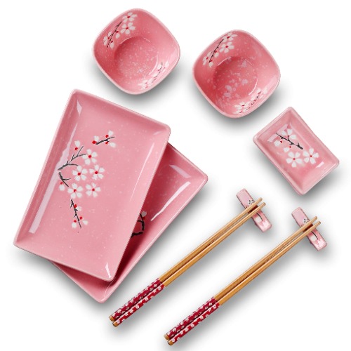 Porcelain 10 pcs Sushi Plate Set | Includes 2 X 240 ml Sushi Plates, 2 X 200 ml Bowls, 2 X 60 ml Dip Bowls, 2 X Chopstick Rest, 2 Pairs of Bamboo Chopsticks - Pink