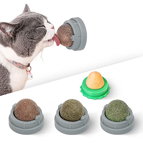 Potaroma 4 Pcs Catnip Ball Toys, 3 Silvervine Catnip Toys and 1 Cat Energy Ball for Lick, Edible Catmint Chew Toys, Kitten Teeth Cleaning Treat, More Concentrated Flavor for All Breeds - Stand-Alone