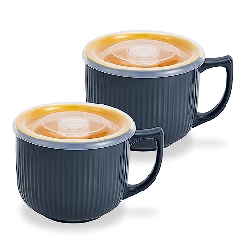 Hoilse Ceramic Soup Bowls with Handle and Vented Lid, 32oz Large Wide Soup Mugs with handles, Soup Cups for Ramen, Pastas, Salads, Cereals, Microwave and Dishwasher Safe- set of 2 (Gray) - Grey/Yellow 2 pcs