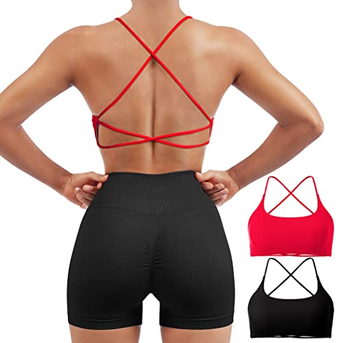 SUUKSESS Women 2 Piece Open Back Sports Bra Pack Strappy Workout Gym Yoga Crops - Small - #1 Pack (Red & Black)
