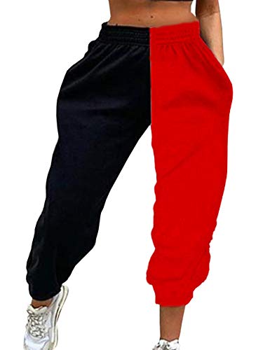 Meladyan Women's Elastic High Waist Joggers Baggy Pants Color Block Sweatpants with Pocketsc - Medium - Black&red