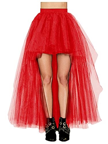 MisShow Women's Hi-Lo Long Tutu Tulle Bustle Skirt Elastic Waist Festival Party Skirt - One Size - Red