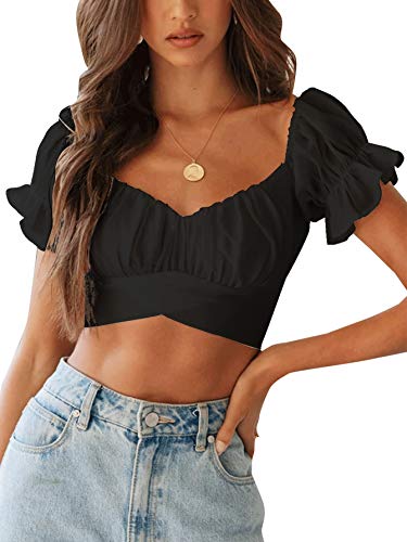 LYANER Women's Ruffle Short Sleeve Tie Up Back Crop Top Off Shoulder Bardot Blouse - Small - Black