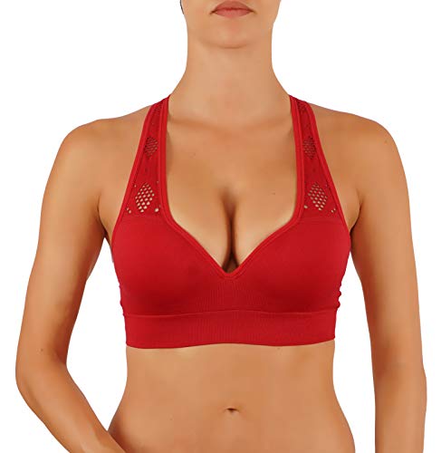 ROUGHRIVER Women's Yoga Crop Top Sports Bra with NOT Removable Adding Volume Pads Breathable Race Back - Small - Rrct400-red