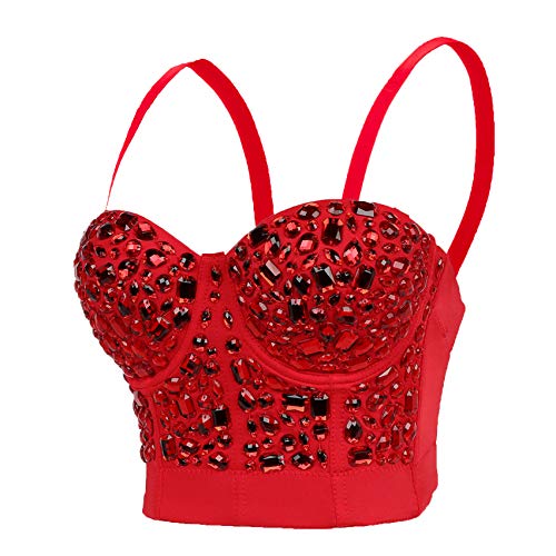 Women's Handmade Rhinestone Diamond Push up Bustier Crop Top Punk Corset Bra Vest - Small - #1 Red