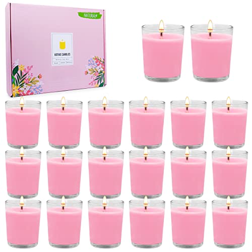 Unscented Pink Votive Candles in Glass, 20 Packs 15 Hour Soy Wax Scentless Candles for Wedding Party Home Holidays Relaxation Spa - Pink - 20 Packs