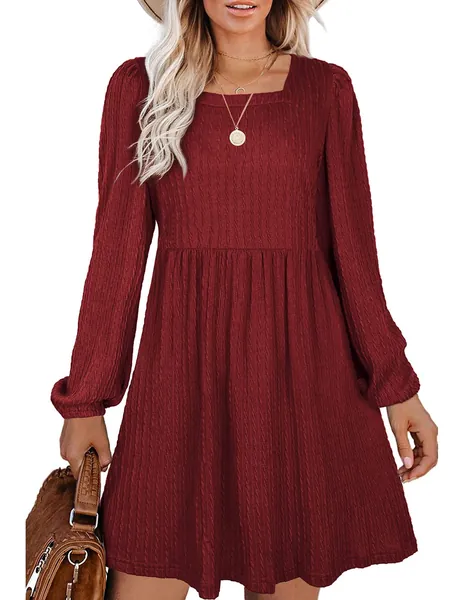WEESO Womens Knit Dress Square Neck Long Sleeve Knee Length Babydoll Dresses