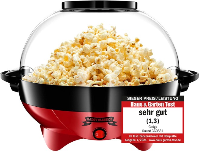 Gadgy ® Popcornmaskin l 800 W Popcorn Maker med non-stick-ytbehandling och löstagbar häll l Tyst och snabb l Rymmer 5 liter