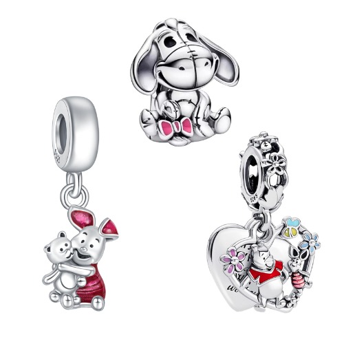 Doyafer 925 Sterling Silver Charms Iron Cool Man Winnie Mickey & Minnie Beads For Women Bracelets Necklace 3 Piece/Package - Charm Set-P