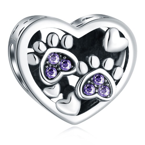 Puppy Dog Paw Print Charm Heart Bead - Purple