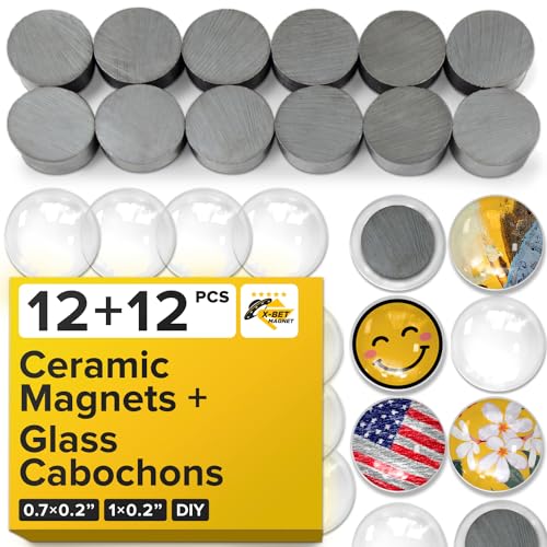 Ceramic Magnets for Crafts with Transparent Glass Cabochons - Clear Glass Dome 1 inch (25mm) and Ferrite Magnets .709 inch (18mm) Round Disc - Small Refrigerator Magnets and Cabochons Tiles for Fridge