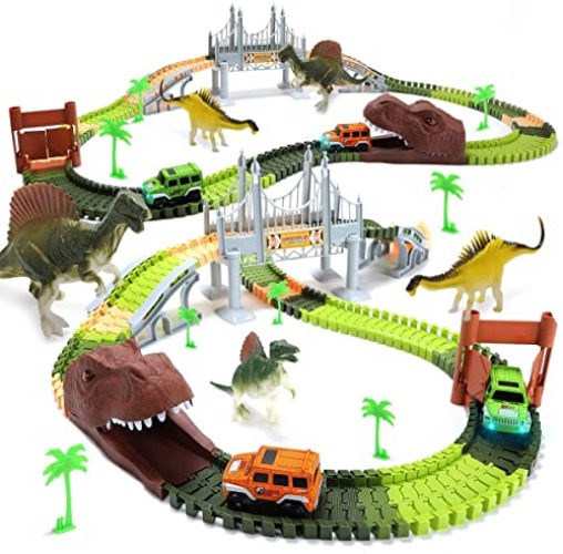 EagleStone Dinosaur Toys Race Track Set 194 PCS for Kids, Flexible Train Tracks with 2 Dinosaurs Figures,1 Bridge,2 Electric Cars Vehicle Playset with LED Lights,Best Gift for Toddlers Boys and Girls - Dinosaur Track
