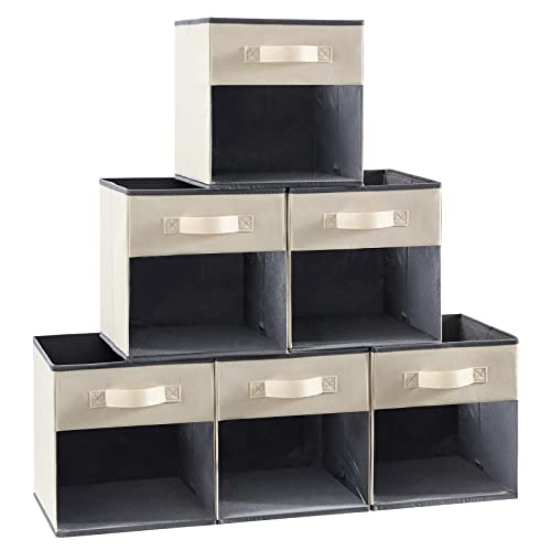 Lifewit Cube Storage Boxes Set of 6, Fabric Storage Box with a Clear Window and Handles, Foldable Storage Cubes Clothes Organiser for Wardrobe, Closet, Shelves, Medium, Grey - Medium - Beige