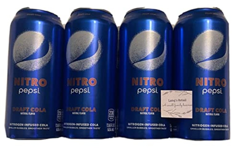 Nitro Pepsi Draft Cola, Pack of 4, Bundled with Lang's Recipe Card, Nitrogen Infused Cola, Nitrogen Infused Pepsi, Draft Cola, Nitro Pepsi, Smooth Creamy Easy to Drink, Double the Caffeine, Pour Hard Drink Easy, 13.65oz Cans