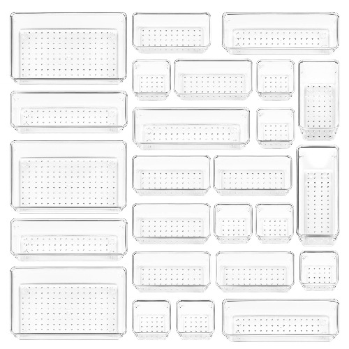 Vtopmart 25 PCS Clear Plastic Drawer Organizers Set, 4-Size Versatile Bathroom and Vanity Drawer Organizer Trays, Storage Bins for Makeup, Jewelries, Kitchen Utensils and Office - 