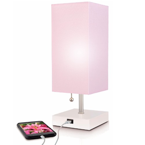 Modern Pink Small Table Lamp w USB Quick Charging Port, Great for LED Bedside, Desk, Bedroom, and Nightstand Lamps or Other Table Lights by MissionMax - 14" Chain Pull Pink