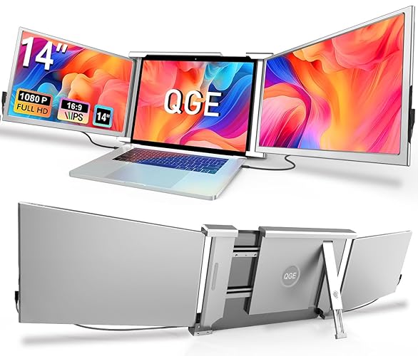 QGE Laptop Screen Extender, 14" 1080P FHD Triple Monitor for Laptop Extension- 315°Rotate Portable Dual Monitor Screen for 13.3-16.5" Laptops Type-C/HDMI/USB-A Plug & Play for Wins/Mac/Chro