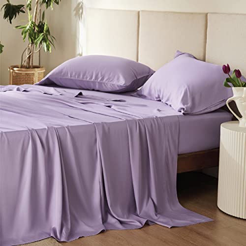 Bedsure Cooling Sheets Set, Rayon Made from Bamboo, Queen Sheet Set, Deep Pocket Up to 16", Hotel Luxury Silky Soft Breathable Bedding Sheets & Pillowcases, Lilac - Lilac - Queen