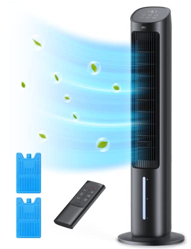 Dreo Evaporative Air Cooler, 40" Tower Fans that Blow Cold Air, 2023 Upgrade Cooling Fan with 80° Oscillating, Ice Packs, Remote Control, 3 Modes, 4-Speed Quiet Floor Fan for Indoor Home Office - Natural Black