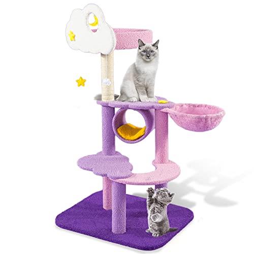 Calmbee Cat Tree Cat Tower Cat Scratching Post, Purple Cute Cat Tree for Indoor Cats, Natural Sisal Cat Climbing Activity Trees with Hammock & Stairs for Cats Kittens Pets Small Cat