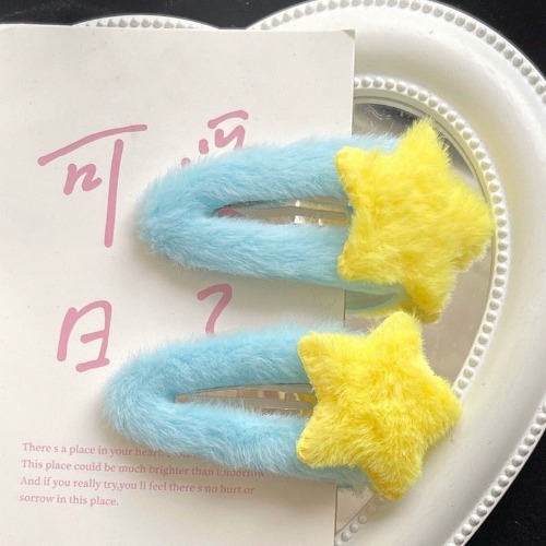 Fuzzy Star Hair Clips - Blue & Yellow