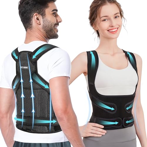 Fit Geno Back Brace Posture Corrector for Women and Men, Shoulder Straightener, Adjustable Full Back Support, Upper and Lower Back Pain Relief - Scoliosis, Hunchback, Hump, Thoracic, Spine Corrector - Medium(Waist 34"-41")