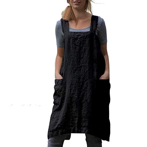 YESDOOD Cotton Linen Apron Cross Back Apron for Women with Pockets Pinafore Dress for Baking Cooking - Black - XX-Large