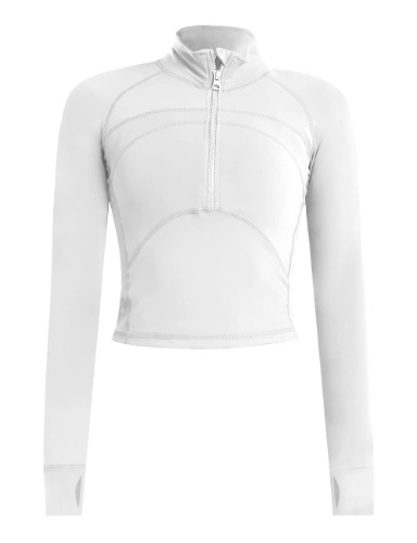IECCP Gymtopp för kvinnor, långärmad träningstopp, t-shirt, crop top, yogatröja, löpartröja med halv dragkedja, ventilerande träningskläder med tumhål - M - Ivory Grey