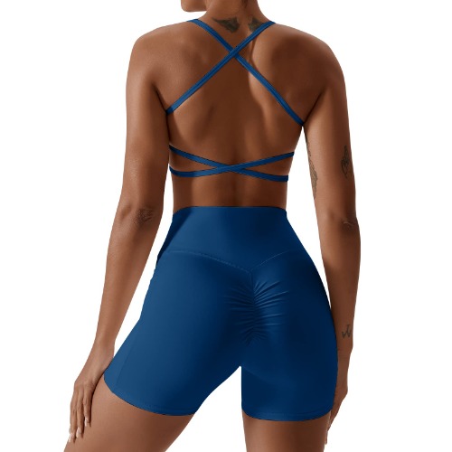 IDOPIP Gym 2-delat set med fjärils mjuk korsrygg sport-bh crosswrap hög midja shorts med ficka yoga träning Outftis sportkläder - L - BLÅ