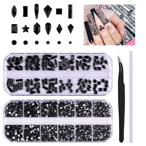 3120 st Black Nail Art Rhinestones Kit EBANKU Mixed Shape Nail Crystal Stones Jewel Flatback Nail Gems Rhinestones for Nails Craft