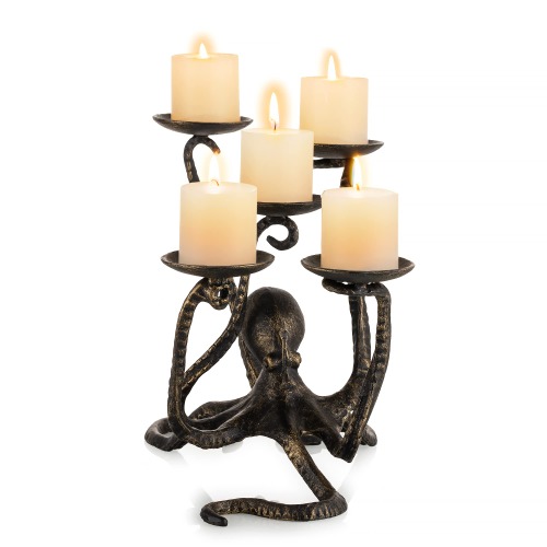 Sziqiqi Bläckfisk Candelabra Ljushållare för 5 pelare Tealight Candelabre, Gjutjärn Pelare Ljusställ Gotiskt Dekorativt Figurbord Centrotal för Halloween Öppen spis Badrum Dekoration