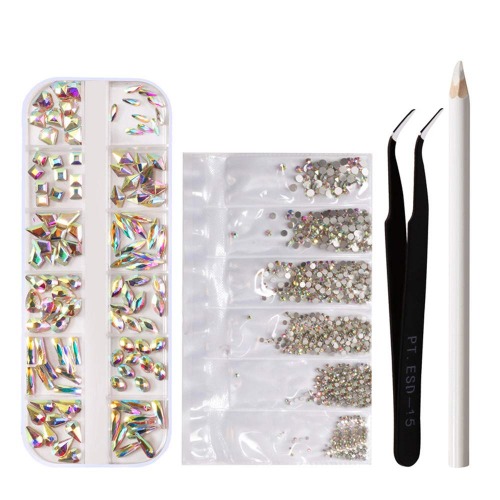 Nail Charms, Multi Size Rhinestones Glasnagel Platt Baksida AB Crystal Gems Long Bar Nail Art Accessories Nail Gems med 12 Grids med 6 Grids Påse Packad Picker Dotting Pen Set Nail