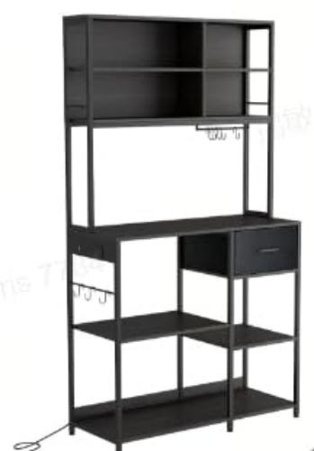 VASAGLE Kökshylla med uttag, stående hylla, mikrovågsugnshylla med justerbara hyllor, tyglåda, 12 krokar, för mikrovågsugn, hylla för kök, antracitgrå-bläck svart KKS028B23 - Anthrazitgrau+Tintenschwarz