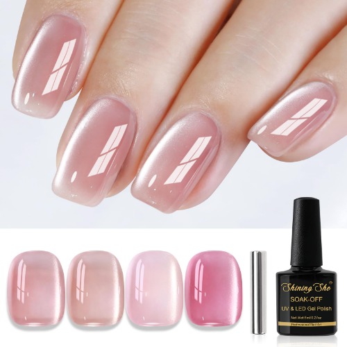 Shining She Jelly Cat Eye Gel Polish, 4 färger, vår och sommar gel Nail Polish Nude Pink kristallmagnet kattöga gellackset Soak-Off UV nagellack för Nail Art Manicure Salon, 8 ml - Rosa Nude
