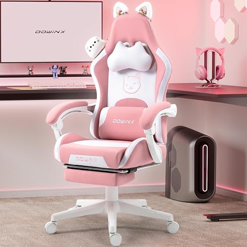 Dowinx Gaming Chair Cute with Cat Ears and Massage Lumbar Support, Ergonomic Computer Chair for Girl with Footrest and Headrest, Comfortable Reclining Game Chair 290lbs for Adult, Teen, Pink - Pink and White