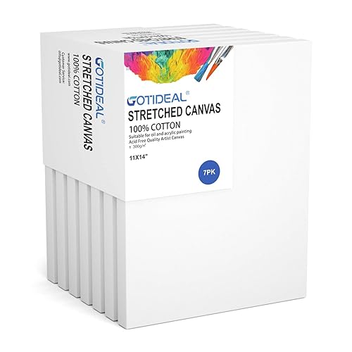 GOTIDEAL Stretched Canvas, 11x14 Inch Set of 7, Primed White - 100% Cotton Artist Canvas Boards for Painting, Acrylic Pouring, Oil Paint Dry & Wet Art Media - White - 11"x14"