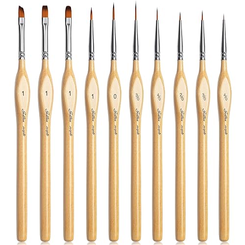 Golden Maple Miniature Paint Brushes 10pcs Detail Paint Brushes Flat Angle Filbert Fine Detail Brush Set for Acrylic, Watercolor, Dollhouse, Citadel, 40k. - Wood
