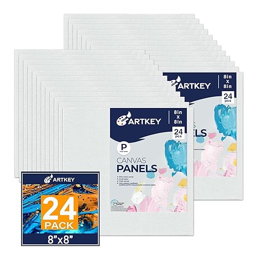 Canvas Panels 8x8 Inch 24-Pack, 10 oz Primed 100% Cotton White Blank Small Canvases for Painting, Square Flat Canvas Board for Oil Acrylics Watercolor & Tempera Paints - 24-Pack - 8"x8"