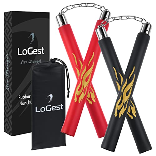 Logest Nunchucks - Pack of 2 with Storage Bag Safe Foam Rubber & Steel Chain Training Nunchakus for Kids or Adults Beginners for Martial Arts Practice Nunchaku Ninja Foam Nunchucks for Kids & Adults - Black - Red