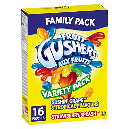 BETTY CROCKER FRUIT GUSHERS - FAMILY PACK - Gushin Grape and Tropical Flavours/Strawberry Splash Fruit Flavoured Snacks, 16 Pouches - Fruit Snacks