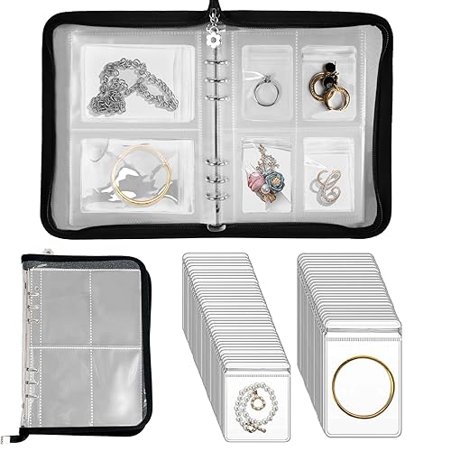 Travel Jewelry Organizer Transparent Jewelry Storage Book Set with Anti-oxidation Pocket Traveling Necklace Earring Organizer for Ring, Bracelets, Postcard (120 Grids +75 Thicken PVC Zipper Bags) - Black