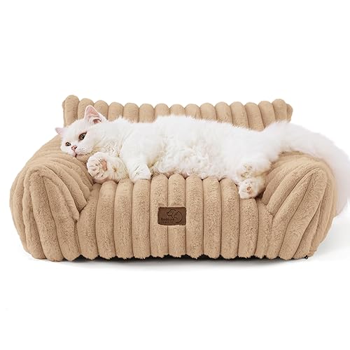 Bedsure Cute Cat Couch for Pets - Fluffy Cat Sofa with Premium Soft Corduroy Fleece, Fuzzy Cat Couch Bed with Removable Washable Cover, Supportive Cat Chair for Indoor Cats, 24inch, Tuscan Beige - 24x18x10" - Tuscan Beige