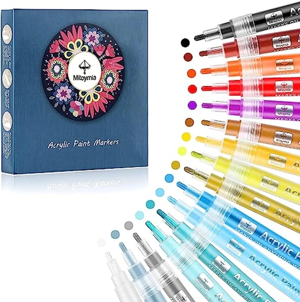Mitoymia Kit Pennarelli Marcatori 16 Colori Acrilico per Pittura Rock, Vernice Perfetto per Vetro, Pietra, Legno, Ceramica per L'artigianato o Decorazioni