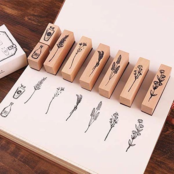 Lychii Legno Timbro Set in Gomma, 8pcs Timbro in Legno Vintage, Piante per Naturale Decorare Libri Diario e Carte di Festival, DIY Biglietti e Scrapbooking