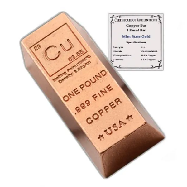 1 Pound Copper Bar Ingot Paperweight - 999 Pure Chemistry Element Design with Certificate of Authenticity