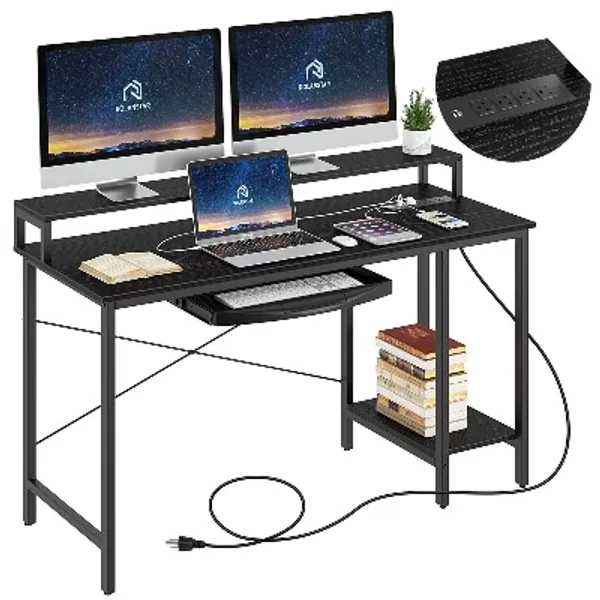 Rolanstar Computer Desk with Power Outlet and Monitor Stand Shelf, 47” Home Office PC Desk with Keyboard Tray and USB Ports Charging Station, Desktop Table, Stable Metal Frame Workstation, Black