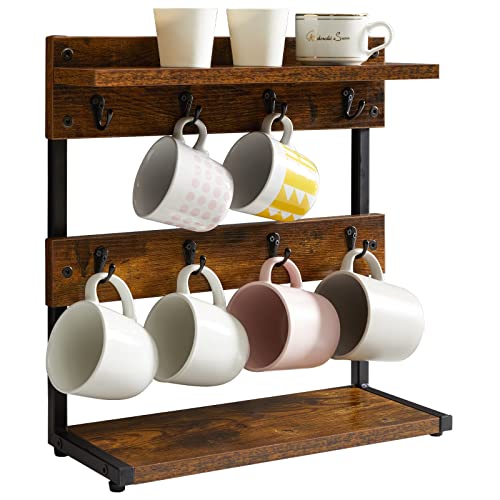 IBUYKE Rustic Coffee Mug Holder Stand, 2 Tier Countertop Mug Tree Holder Rack with Storage Base, Vintage Mug Holders for Kitchen, Holds 8 Mugs, Rustic Brown UTBJ002H - with shelf - Rustic Brown