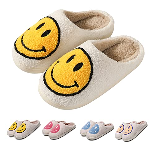FACAXEDRE Retro Smile Face Slippers, Happy Face Slipper for Women, Soft Plush Comfy Preppy Women Slippers, Smile Cushion Slides, Fluffy House Slippers for Men - 9-10 Women/8-9 Men - Yellow