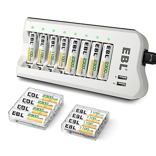 EBL AA 2300mAh (8 Pack) and AAA 1100mAh (8 Pack) Ni-MH Rechargeable Batteries and AA AAA Rechargeable Battery Charger with 2 USB Charging Ports - Charger+8AA+8AAA